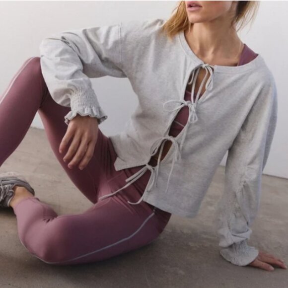 Free People Tops - Free People Movement Tie Front Top Size L Gray Long Sleeve Boho Athleisure